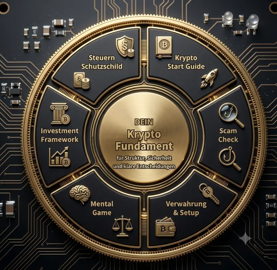 Sechs Bereiche eines stabilen Krypto-Fundaments: Krypto Start, Scam Check, Verwahrung und Setup, Mental Game, Investment Framework und Steuern